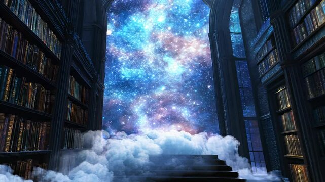 A celestial library floating in the clouds, with books made of stardust and constellations