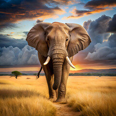 Obraz premium Majestic elephant at sunset in the African savanna.