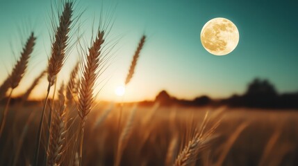 A serene landscape featuring golden wheat swaying gently in the breeze, beautifully illuminated by a large, glowing moon against a peaceful twilight sky, evoking tranquility.