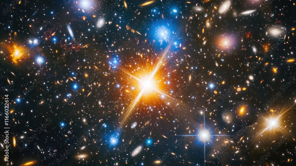Wall mural outer space showing a pulsar emitting a beam of light, surrounded by a dense cluster of stars backgr