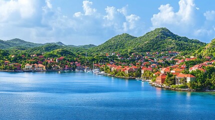 Panoramic view of a Caribbean town nestled along a bay, with terracotta-roofed houses, lush greenery, and moored yachts.
