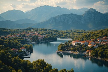 Panoramic view of a coastal village nestled in a serene bay, surrounded by lush greenery and majestic mountains under a partly cloudy sky.