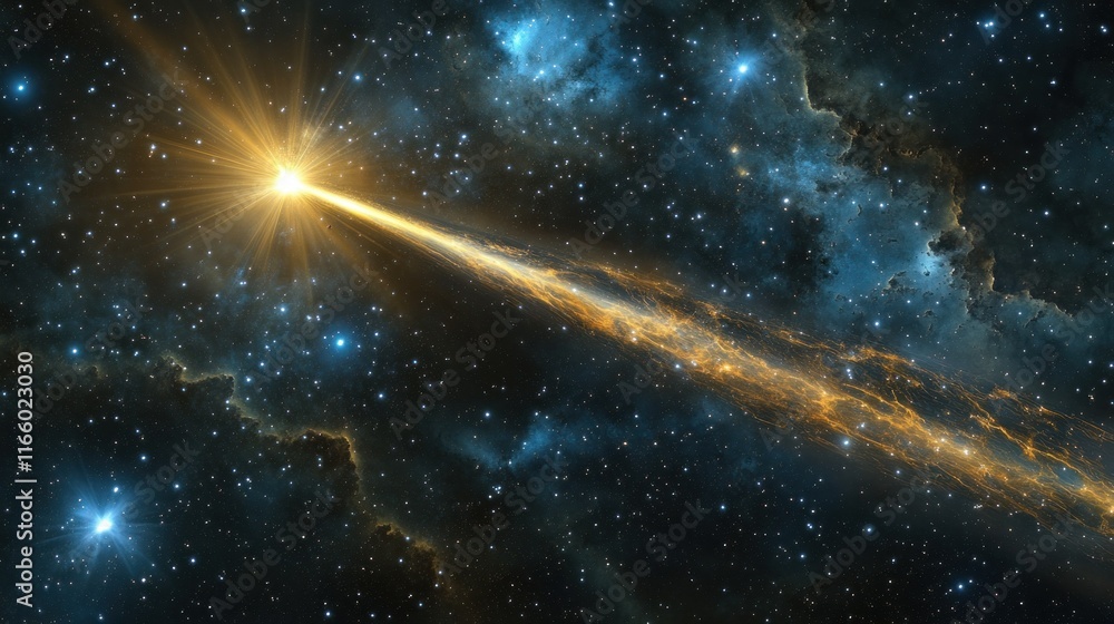 Wall mural outer space showing a pulsar emitting a beam of light, surrounded by a dense cluster of stars backgr