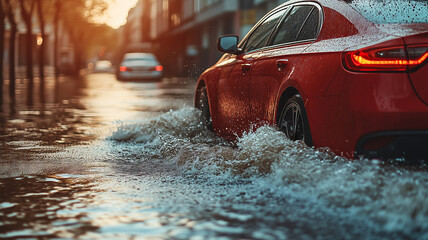 Bright red car navigates flooded city streets amidst heavy rainfall
