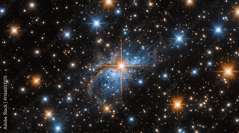 Wall mural outer space showing a pulsar emitting a beam of light, surrounded by a dense cluster of stars backgr
