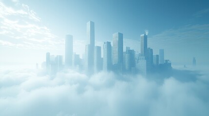 Naklejka premium A futuristic skyline emerging from dense clouds.