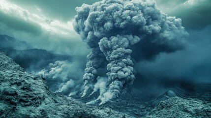 Fototapeta premium Volcanic activity in the sea with plumes of smoke and ash rising from the seabed background wallpaper AI generated image