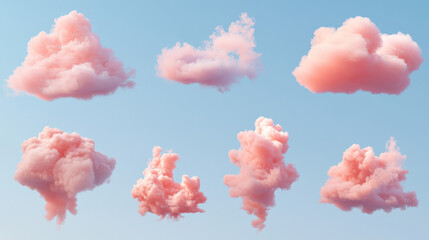 Fototapeta premium Pink clouds in sky at morning or sunset isolated on transparent background. Vector realistic set of fluffy clouds in air, pink smoke or fog in heaven at sunrise or evening