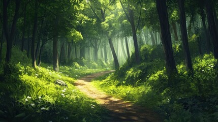 Obraz premium Close up view of a green forest with a beautiful and quiet dirt path background wallpaper AI generated image