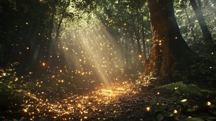 Fototapeta premium A tranquil magical forest, sunlight streaming through the gaps in the trees, casting golden rays onto the forest floor, background wallpaper AI generated image