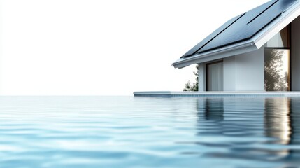 Obraz premium An elegant house boasting an infinity pool that seamlessly blends with the horizon, outfitted with solar panels, offering luxury and sustainability in one stunning package.