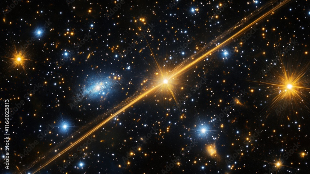 Wall mural outer space showing a pulsar emitting a beam of light, surrounded by a dense cluster of stars backgr