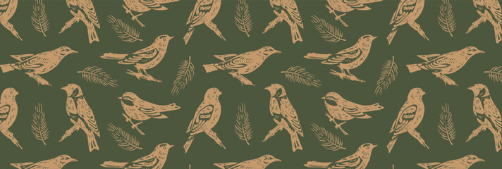 Pattern of golden silhouettes of wild forest birds and fir branches on green. Songbirds, tit, grosbeak, goldfinch and oriole. Gold fabric engraving of nature motifs. Seamless vector background.
