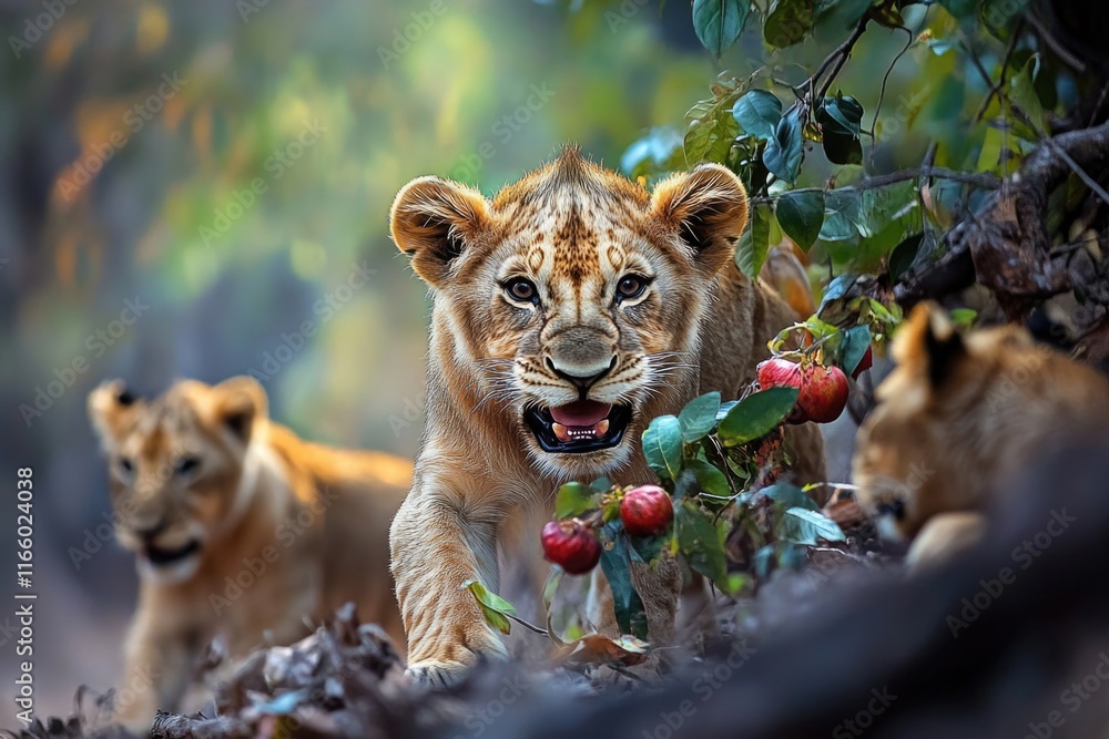 Poster two lions posing side by side, possibly in a zoo or wildlife setting