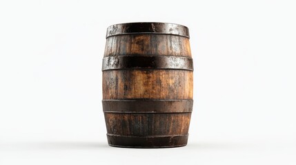 Fototapeta premium Weathered wooden barrel with metal hoops, standing upright on a white background