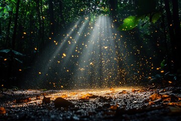 Magical fireflies illuminate forest floor.
