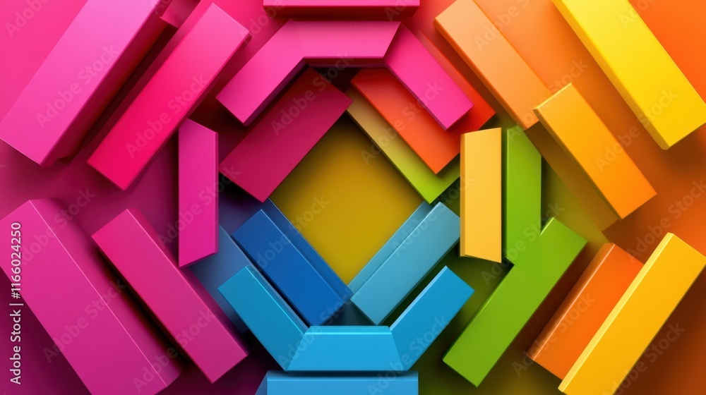 Poster vibrant abstract composition featuring a central hexagon formed by overlapping rectangular shapes in