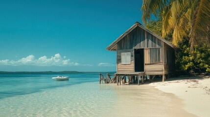 A unique wooden beach hut house located on a small untouched island, background wallpaper AI generated image