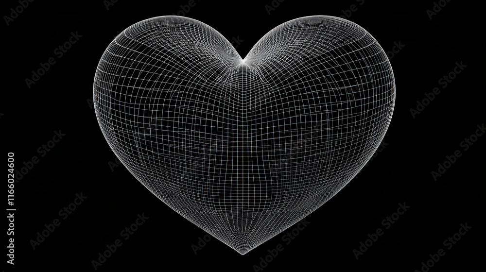 Poster 3d wireframe heart line shape. abstract geometric mesh polygon sphere graphic object. outline white 