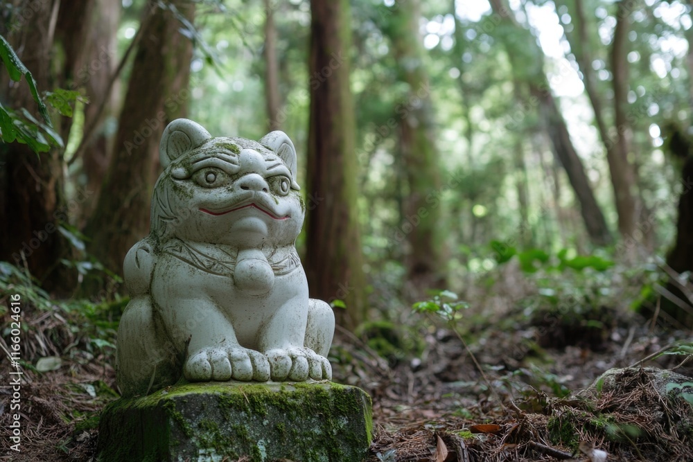 Poster a statue of a cat sitting on a stump in a forest setting