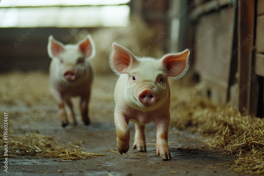 Poster two playful piglets running freely in a rustic barn environment