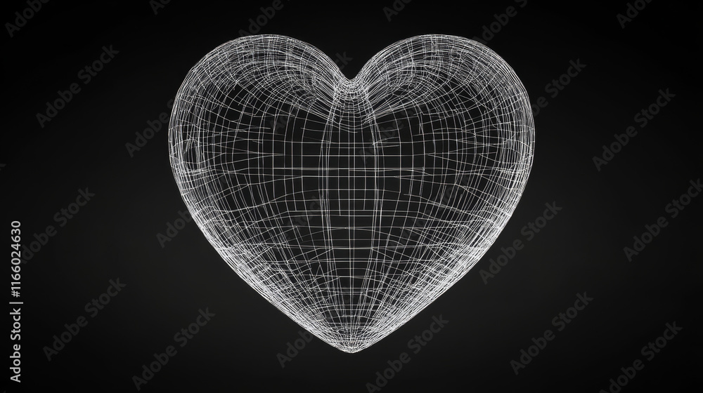 Poster 3d wireframe heart line shape. abstract geometric mesh polygon sphere graphic object. outline white 