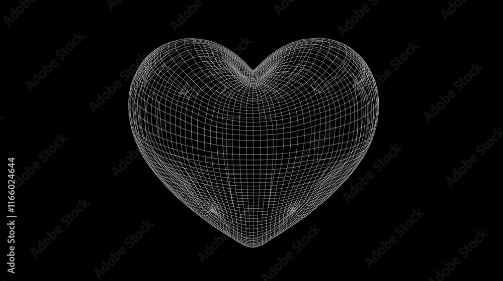 Poster 3d wireframe heart line shape. abstract geometric mesh polygon sphere graphic object. outline white 