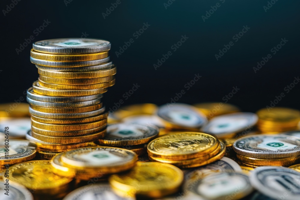 Poster a pile of coins stacked on top of each other, ideal for financial or business-related contexts