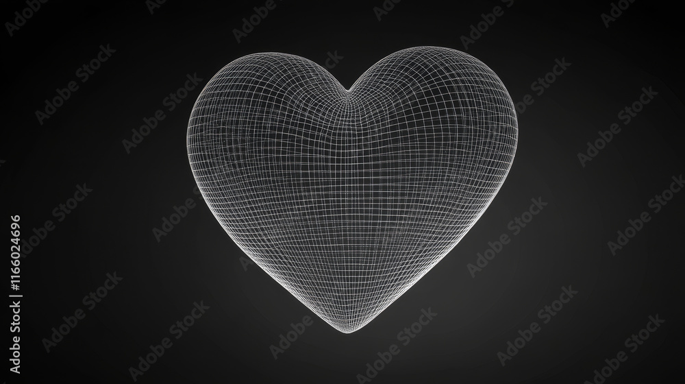 Poster 3d wireframe heart line shape. abstract geometric mesh polygon sphere graphic object. outline white 