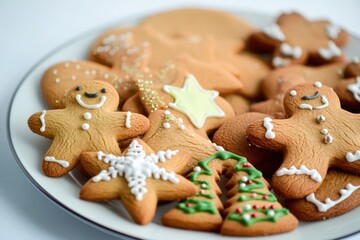 A white plate filled with many decorated cookies in various shapes and designs