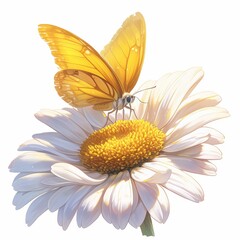 Obraz premium A vibrant yellow butterfly perched on a white daisy flower.