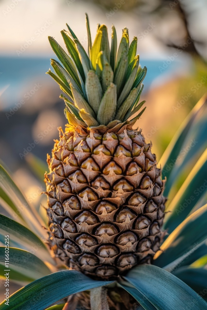 Poster fresh pineapple grows on a tree branch, isolated on a white background