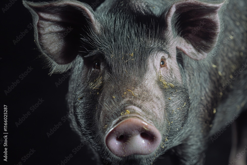 Aufkleber close-up image of a pig's face against a dark background