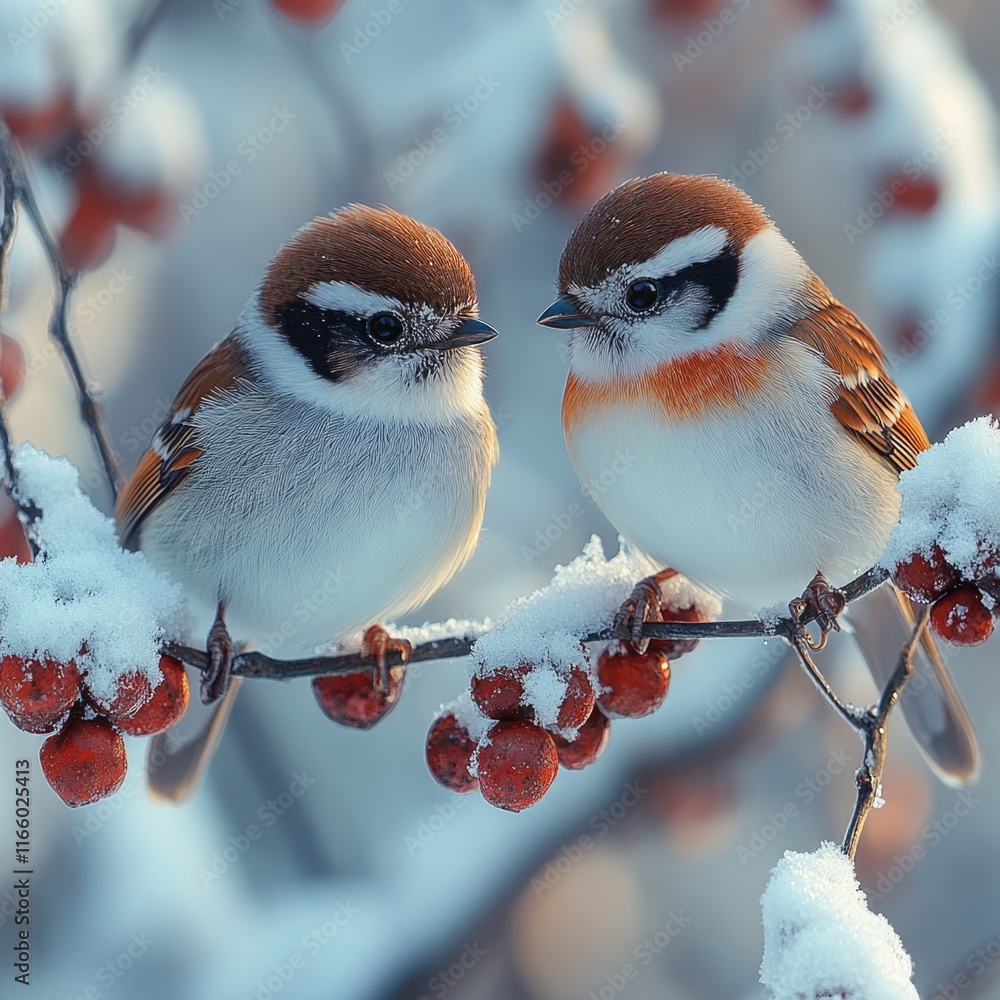 Poster two birds sit on a branch of a tree covered in snow
