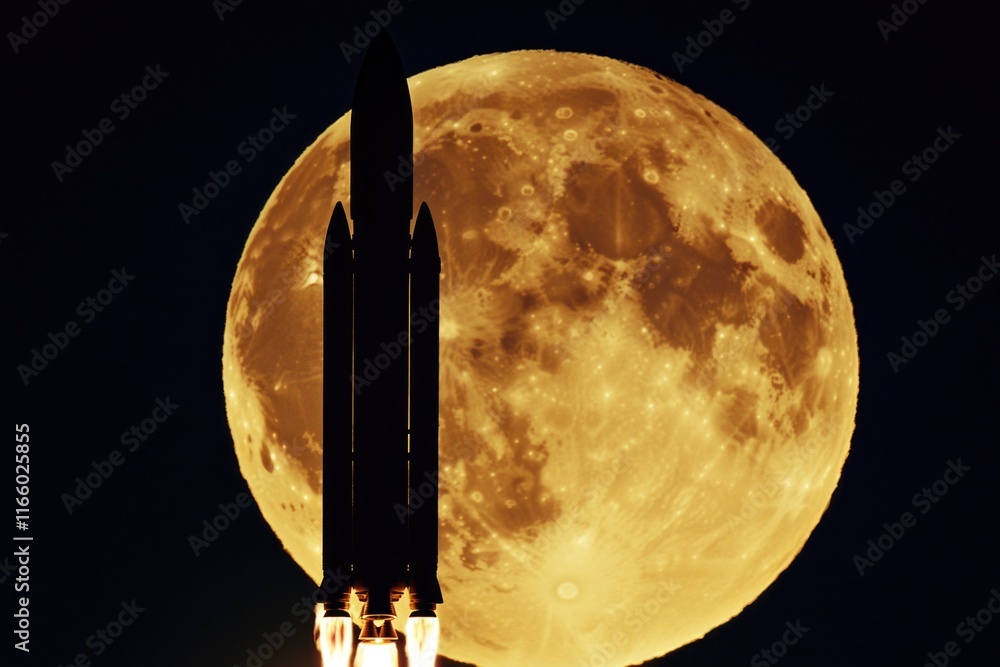 Poster a rocket launch at night with a full moon in the background, perfect for space-themed projects or ni