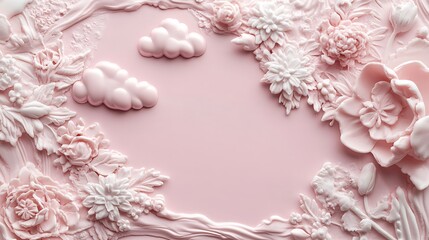 Pink Floral Frame with Clouds a Delicate Pastel Design