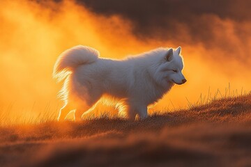 Majestic white dog at sunset, backlit by golden light, standing in grassy hills with fog.
