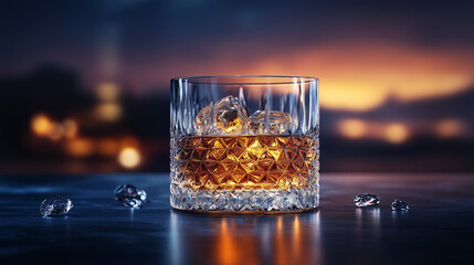 Glass of whiskey with ice cubes on dark reflective surface