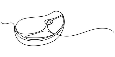 Continuous one line drawing of meat veal, pork, beef, veal steak grill bbq concept in silhouette on a white background, Continuous Line Steak Meat Icon, Steakhouse Continuous Line Icon pro vector.