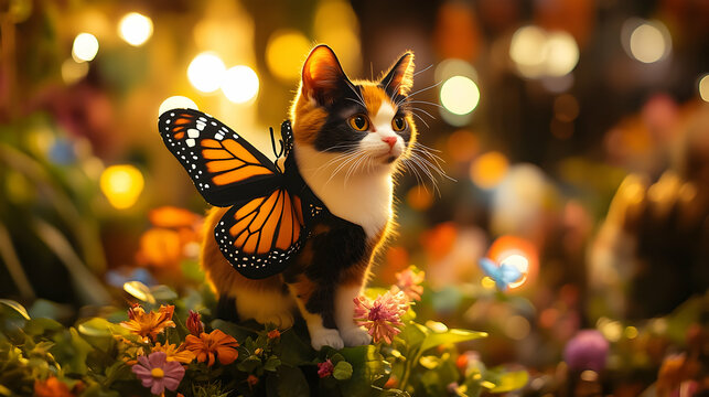 A calico cat wearing a tiny monarch butterfly costume, sitting on a flower in a brightly lit garden scene