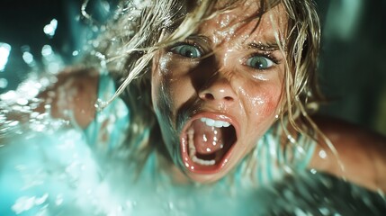 A close-up of a woman's face submerged in water, showcasing her intense fear and panic as she screams, capturing raw emotion in a dramatic underwater setting.