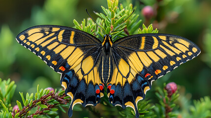 A butterfly with vibrant blue, green, and red patterns sits on leaves, captured in nature photography.