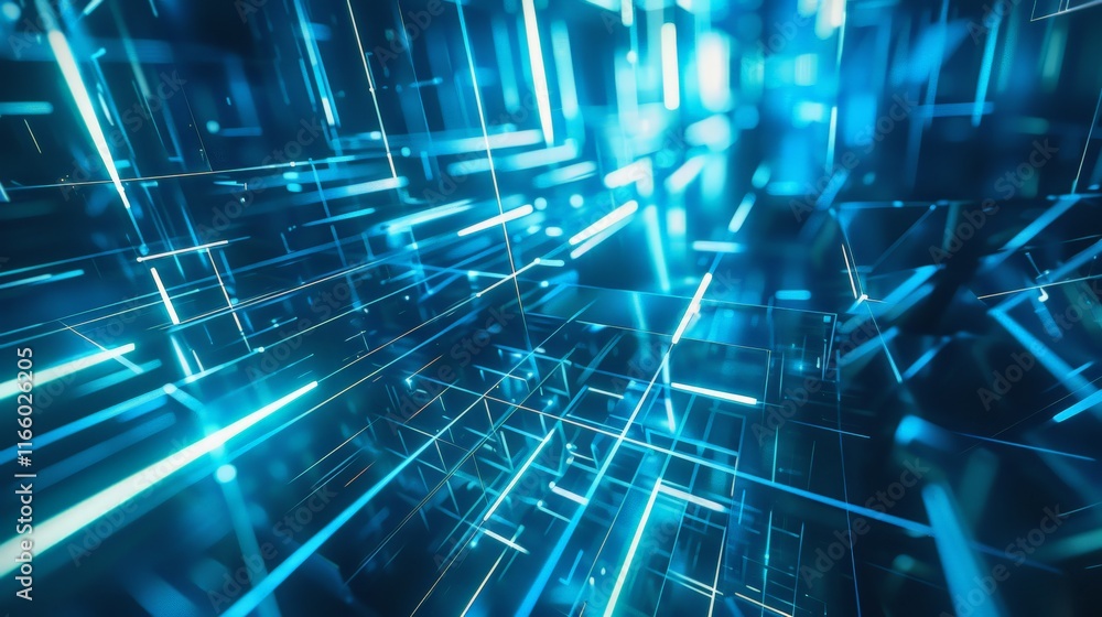 Poster complex network of interconnected servers transferring data through glowing lines in a futuristic se