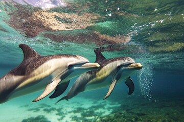 Obraz premium A pair of dolphins swim together in the open ocean, their fins slicing through the water
