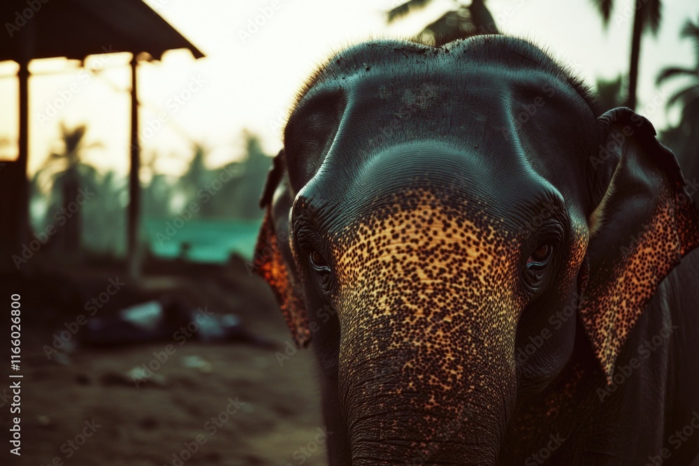 Poster A close-up view of an elephant's face with trees in the background