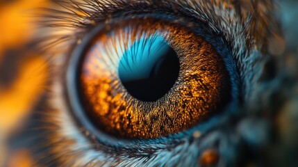 A detailed view of a cat's eye with unique markings