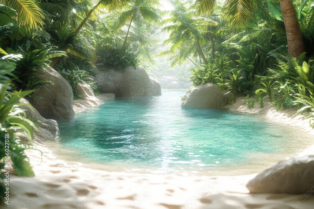 Poster a serene natural setting with a river winding its way through a lush green forest