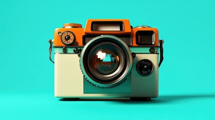 An eye-catching retro camera with vibrant colors positioned against a bright teal backdrop, symbolizing the beauty of photography and creative expression.