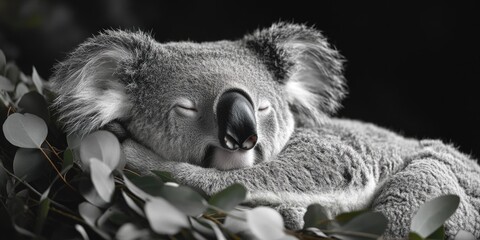 A koala is peacefully sleeping on a branch of a tree