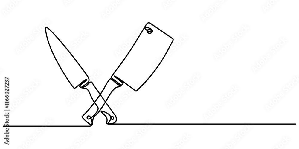 Poster Chopping Knife Continuous Line Icon, Cleaver icon line continuous drawing vector. One line Cleaver icon vector background. kitchen knife icon. Continuous outline of a chef's knife icon, one line. 